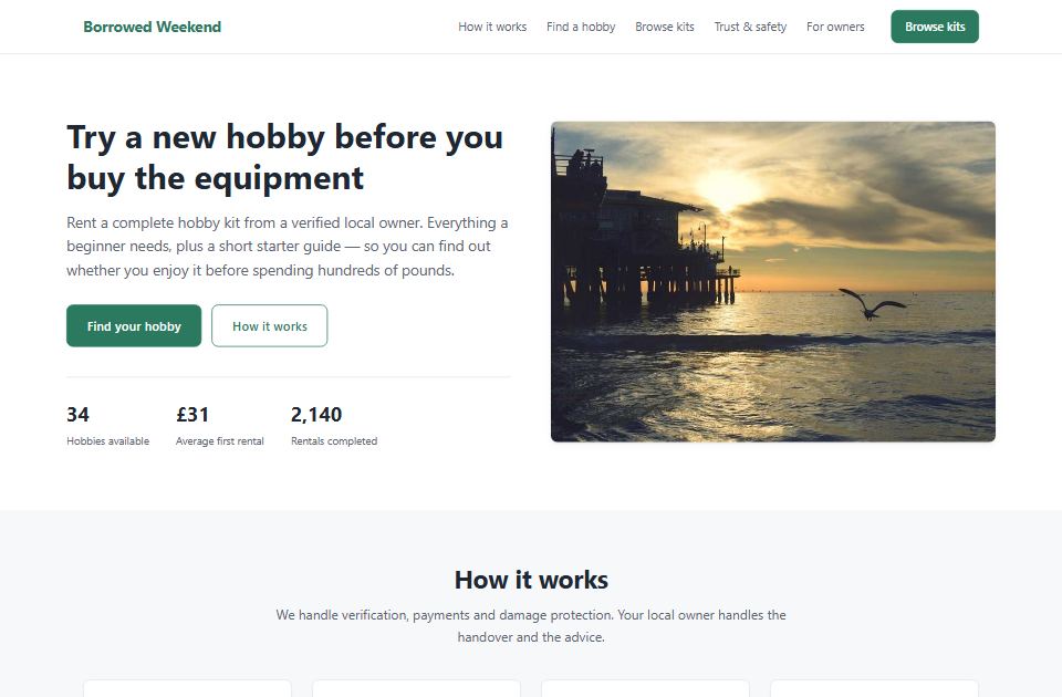 Opus 5 baseline: hobby-rental headline beside a large coastal photograph