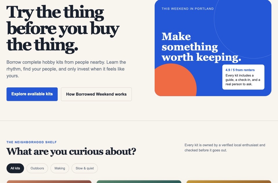 Space Bunny baseline: oversized editorial headline and a blue weekend feature panel
